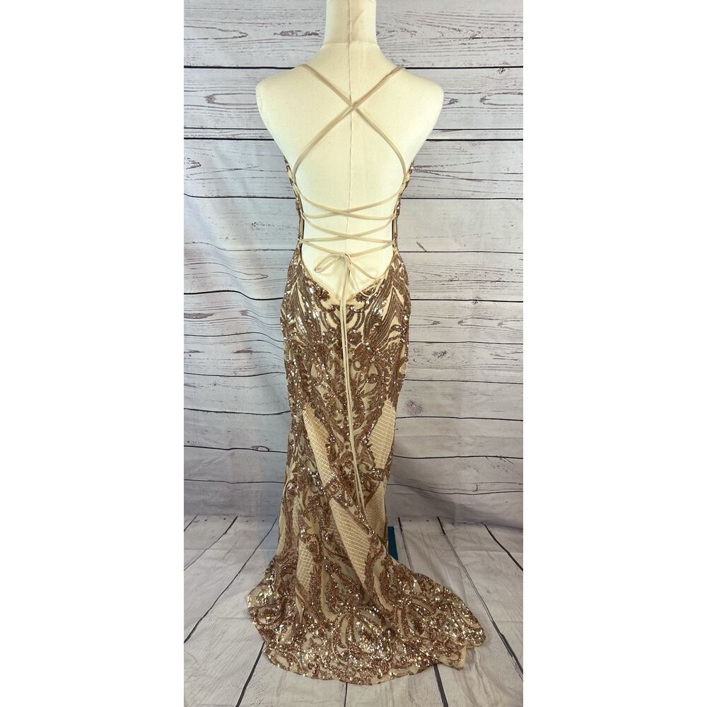 Mori Lee Madeline Garden Rose Gold Sequin Lace Up Back Prom Dress Size 8 - Picture 3 of 11